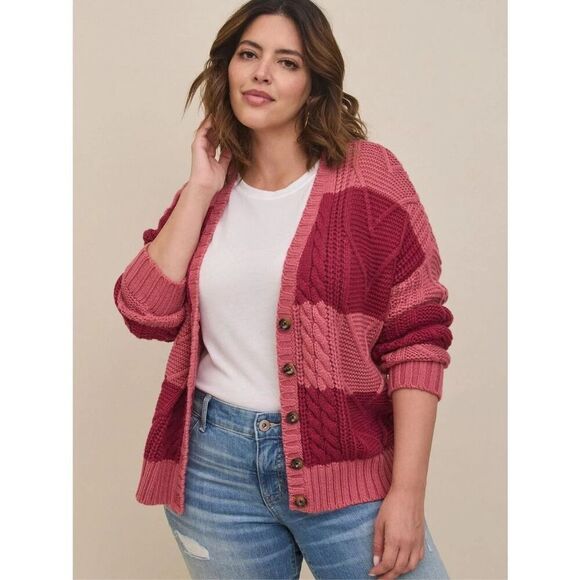 Torrid Cable Cardigan V-Neck Sweater Pink button up stripes large (00) - Picture 1 of 7